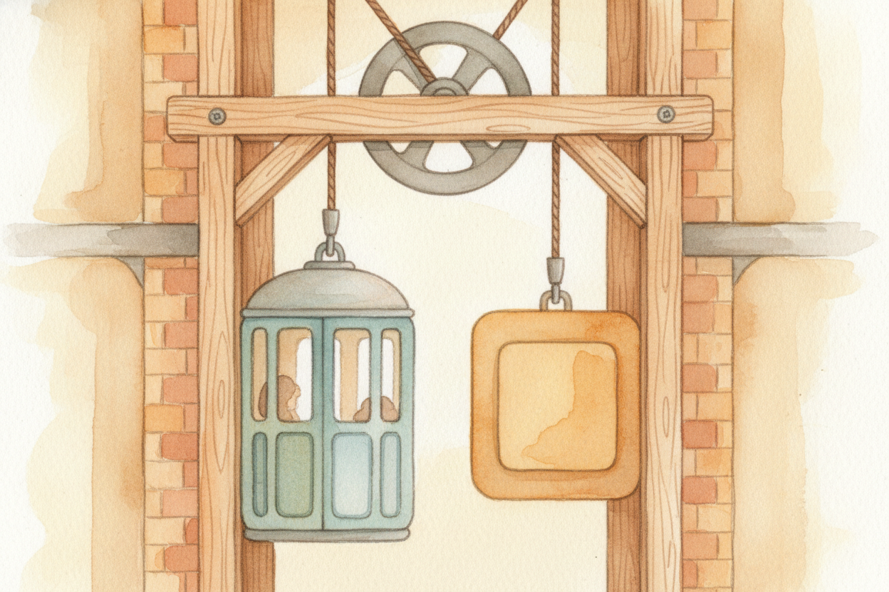 On the other end of those cables hangs a counterweight — a massive block of metal that weighs almost exactly as much as 
