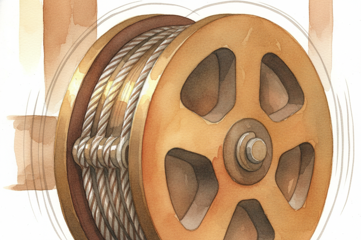 The nudging comes from an **electric motor** that spins the sheave. The cables have *grooves cut into them*, and the she