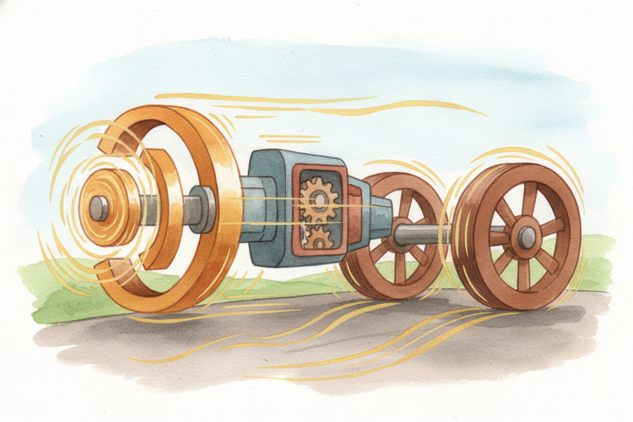 The crankshaft is now spinning fast — sometimes ~~thousands of revolutions per minute~~. That spinning motion travels ou