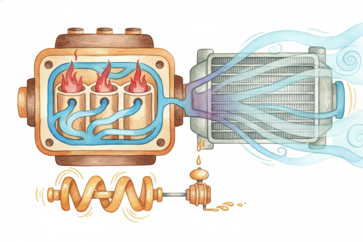 All of this generates heat — ~~serious heat~~. The explosions happen in a space **the size of a coffee cup**, and each o