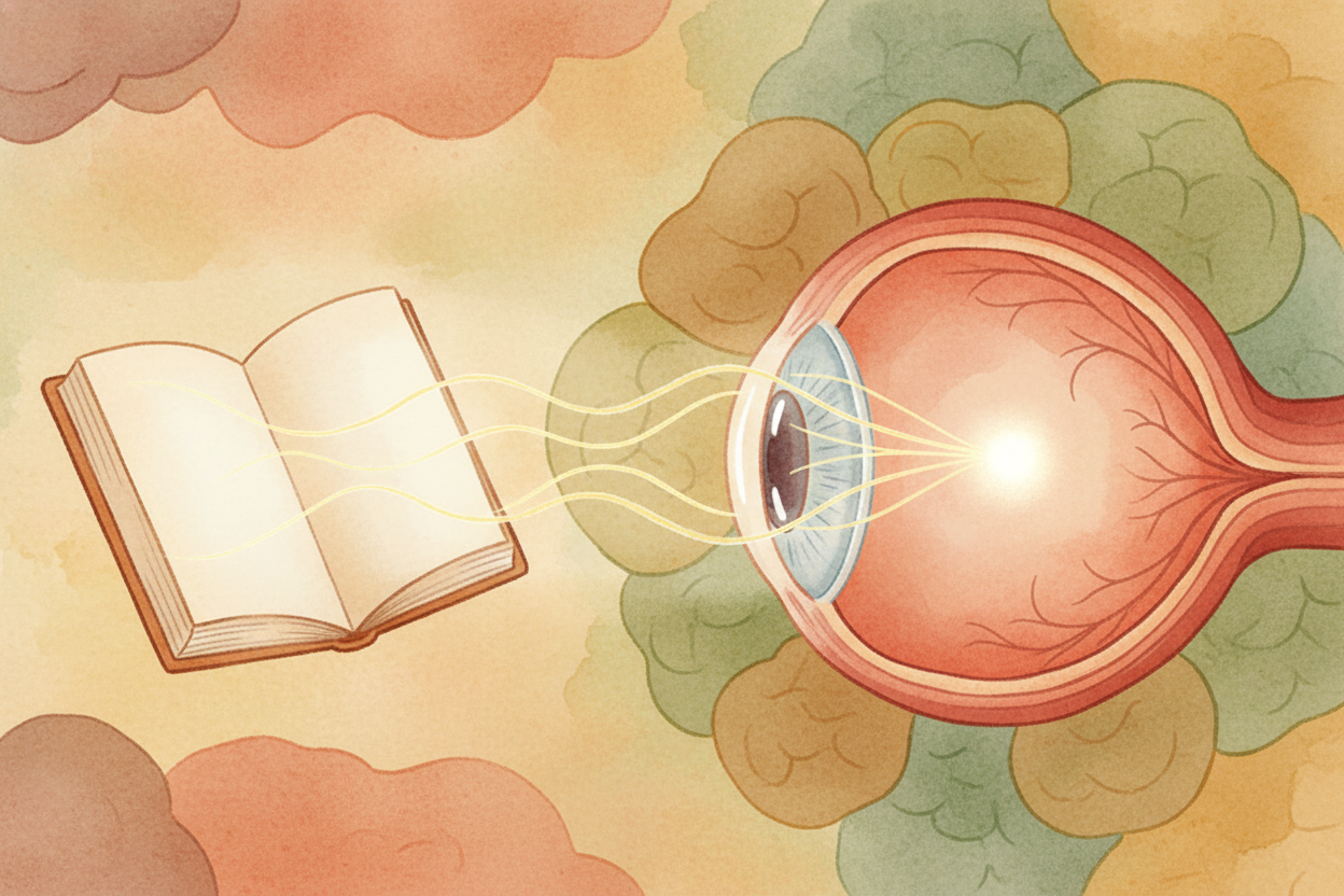 **Your eye is like a tiny camera**. Light bounces off this page, zooms through the clear front window of your eye (the c