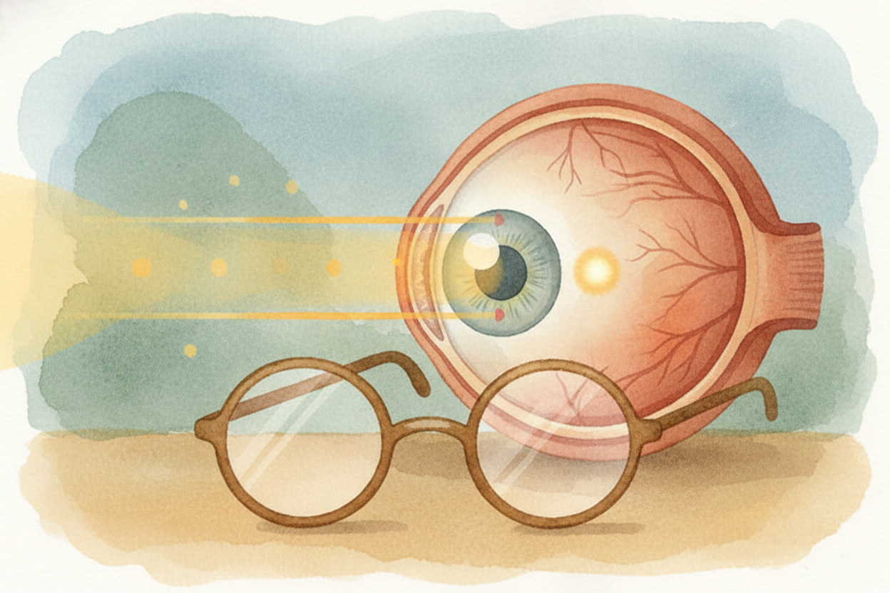 Glasses are **pre-benders**. They're a second lens sitting in front of your eye, nudging the light rays into a new path 