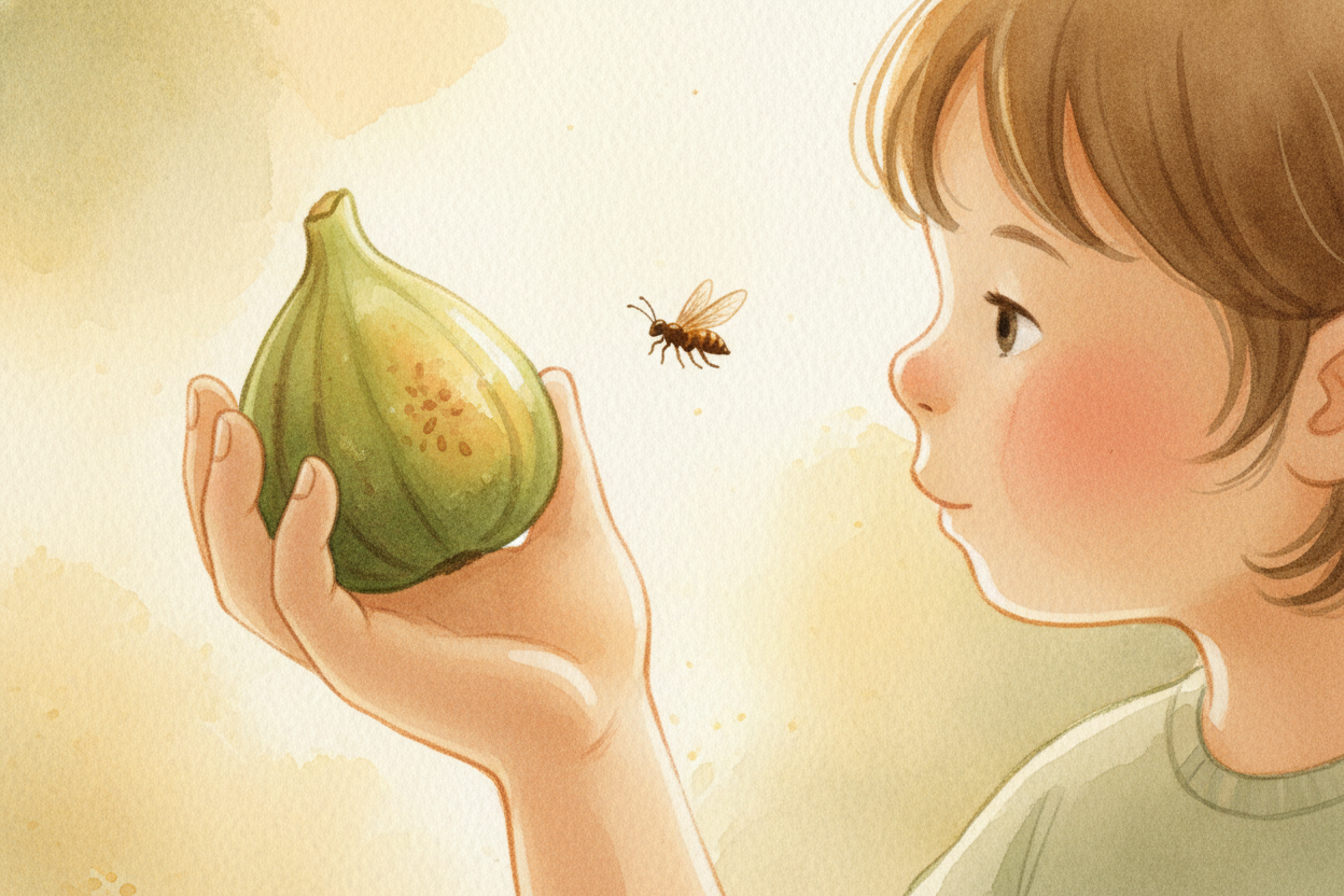 Next time you eat a fig, think about the tiny wasp who made it possible. She was **smaller than this comma**, ~~lived th