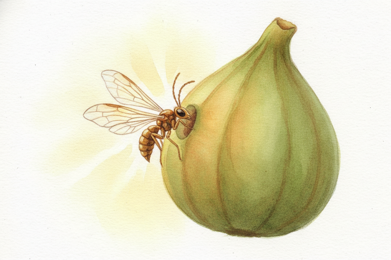 ~~Enter the fig wasp.~~ A female wasp, pregnant and desperate, smells a fig ready for her. She squeezes through that **p