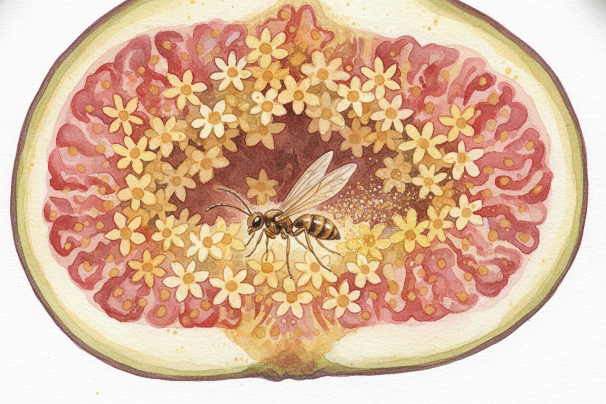 Inside the dark chamber, ~~she gets to work~~. She lays her eggs in some of the flowers — *those will become baby wasps*