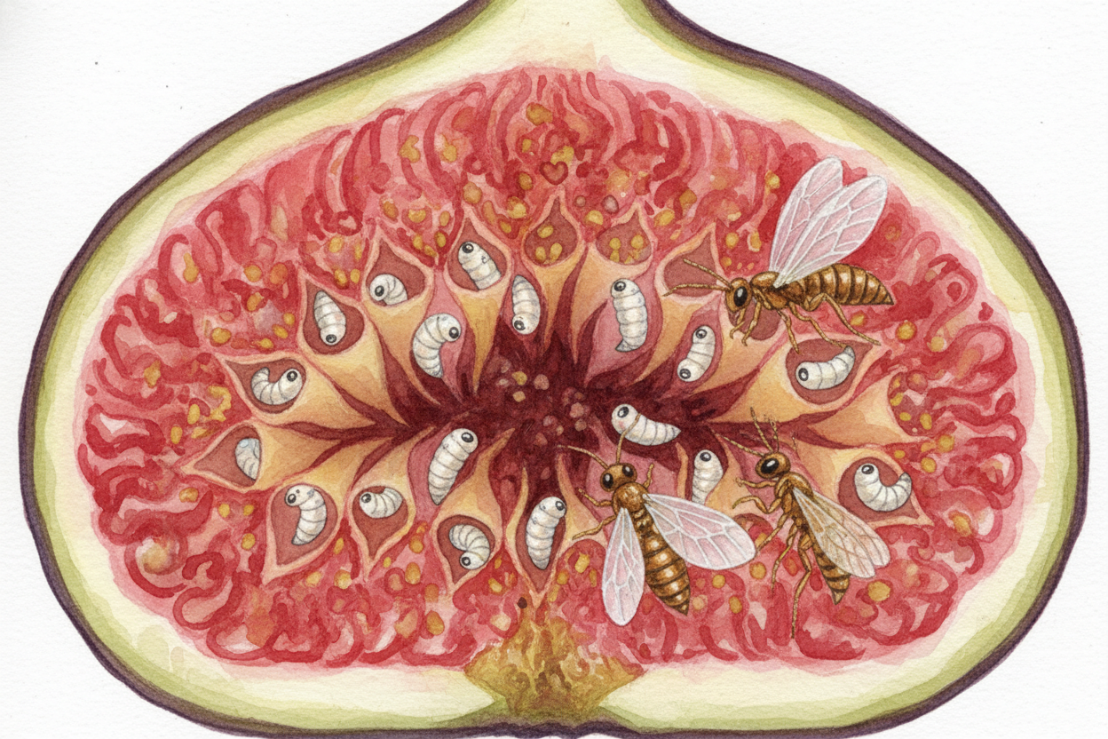Weeks pass. The wasp eggs hatch into larvae that eat the flowers they were laid in. They grow into adult wasps inside th