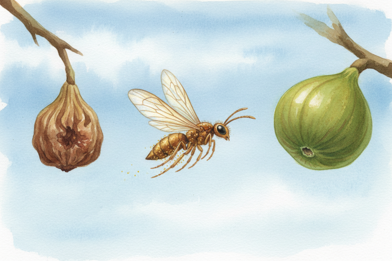 The females crawl out through the tunnel carrying pollen, fly off to find a new fig, squeeze inside, pollinate it, lay e