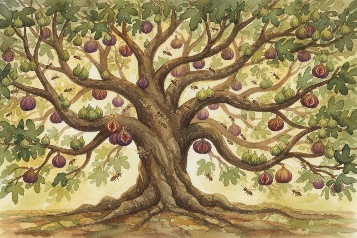 **Eighty million years** of this. Fig trees make homes for wasps; wasps make seeds for fig trees. ~~Neither can quit.~~ 
