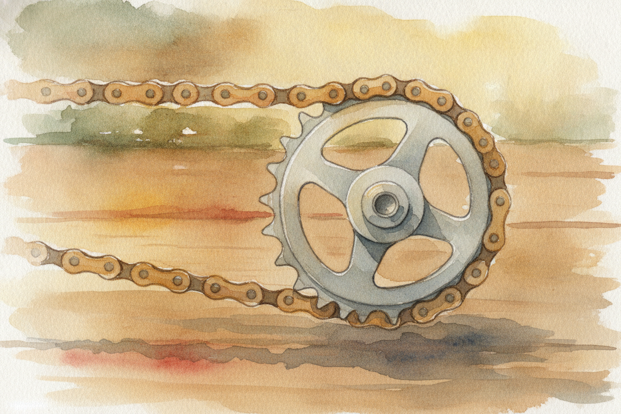 ~~등장인물들을 만나 볼까요.~~ 앞쪽, 페달 옆에는 ++체인링++이라고 부르는 커다란 톱니바퀴가 있어요. 뒤쪽, 뒷바퀴 옆에는 ++코그++라고 부르는 더 작은 톱니바퀴들이 모여 있지요. 체인은 고리처럼 둘 사이에 