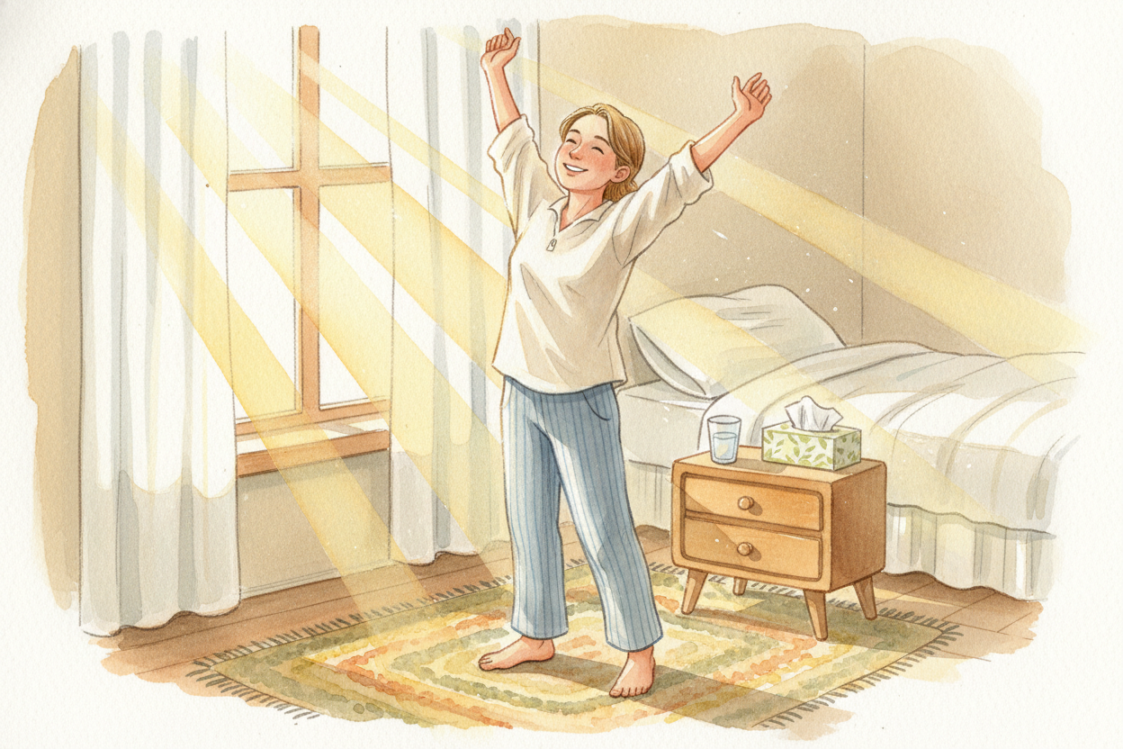 After a few days, your immune system gets the upper hand. **The germ population crashes**. Your symptoms fade. Your body
