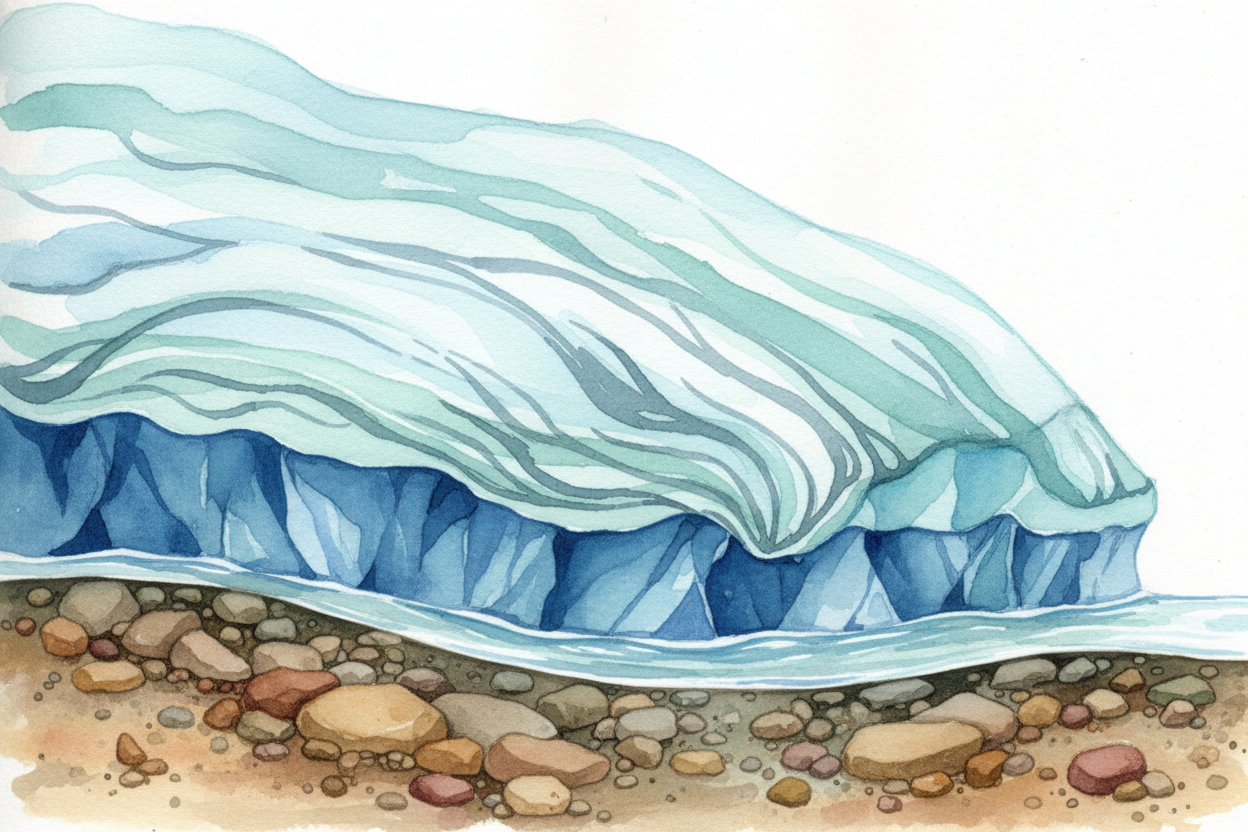 ~~Here's the wild part:~~ ice is hard, but put enough weight on it and it **behaves like a liquid**. The glacier slides 