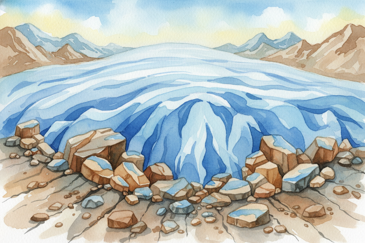 As the glacier flows, it plucks rocks right out of the ground. Ice seeps into cracks in the bedrock, freezes solid, and 