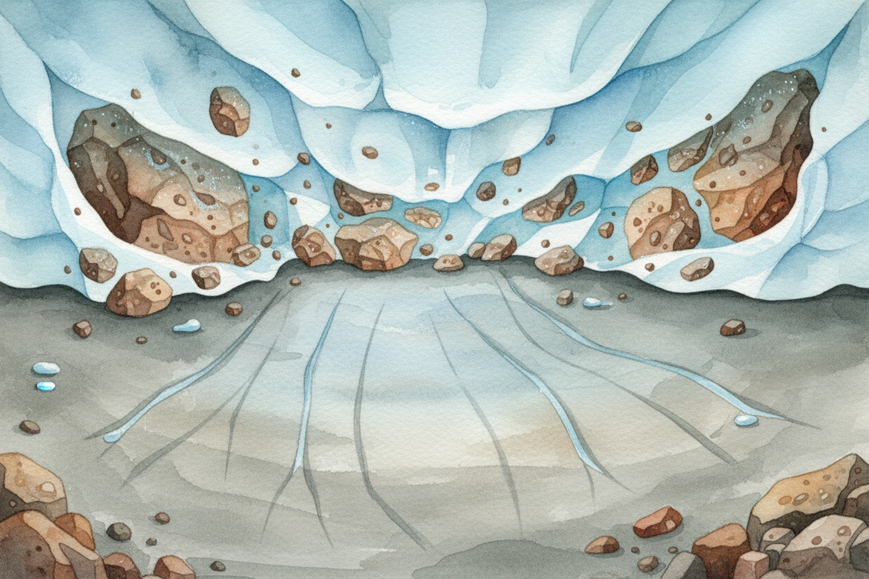 That scraping — called ++abrasion++ — grinds the bedrock smooth and carves deep grooves into the valley floor. The rocks