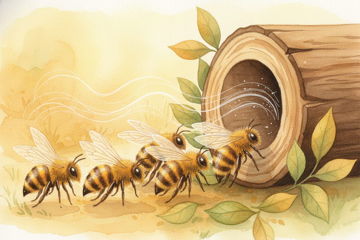 ~~At the same time~~, hundreds of other bees line up at the hive entrance and start fanning. They face inward, wings blu