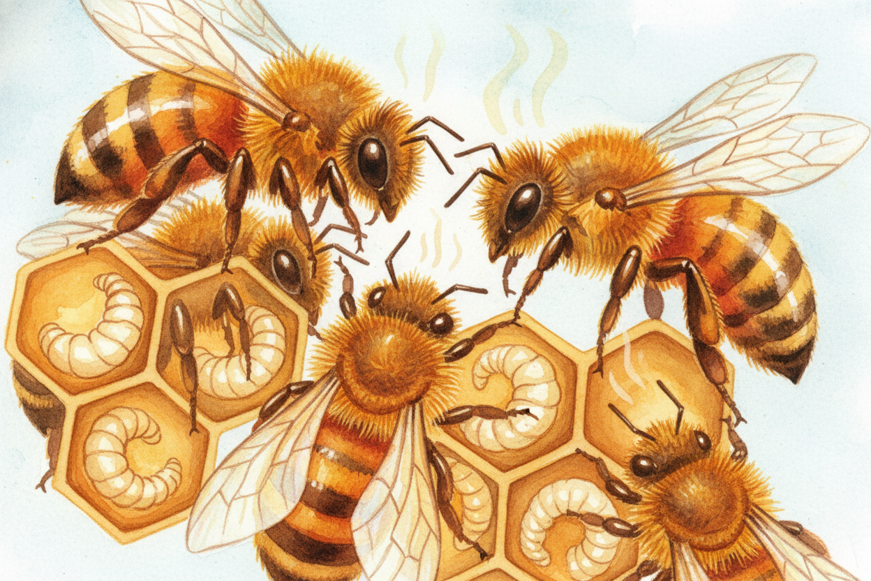 When the hive gets too cold, the bees do the opposite — they huddle around the baby cells and shiver. ~~Not because they