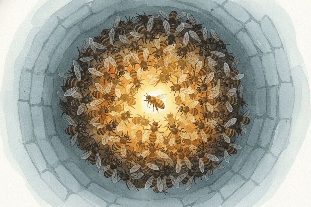 ~~It gets even stranger in winter.~~ When there's no brood to protect, the bees stop heating the whole hive and form **o