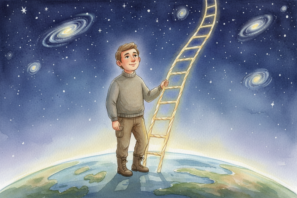 So humans measure space with a **ladder**: radar for neighbors, parallax for nearby stars, Cepheids for nearby galaxies,