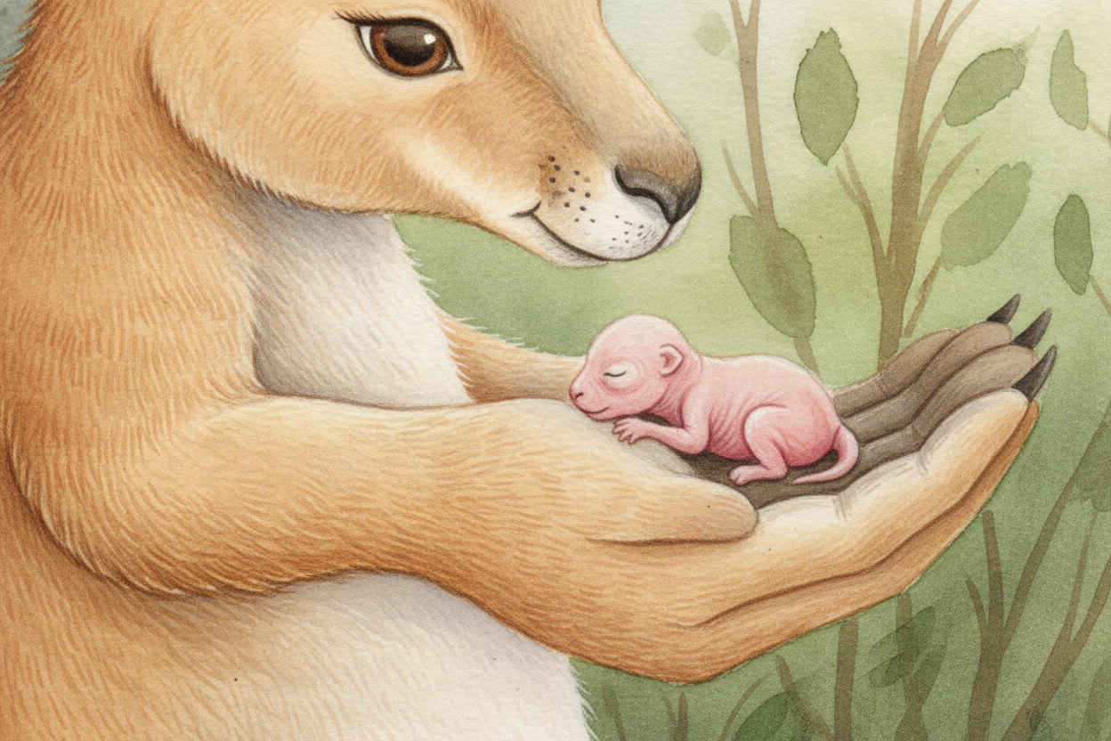 When a joey is born, it is shockingly small — **about the size of a jellybean**, pink, and not yet finished. Its eyes ar
