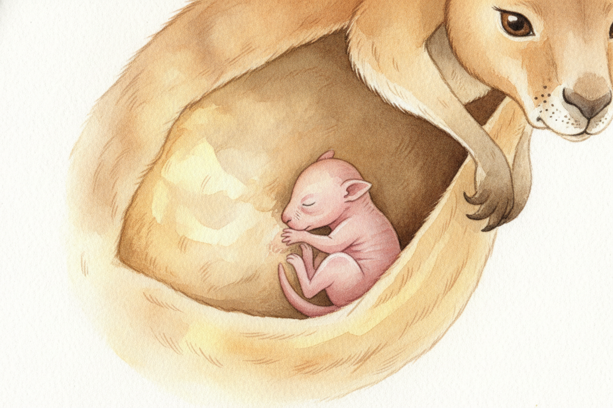 Once inside the pouch, the joey latches onto a teat — a little spout of milk — and there it stays. ~~For weeks, it doesn