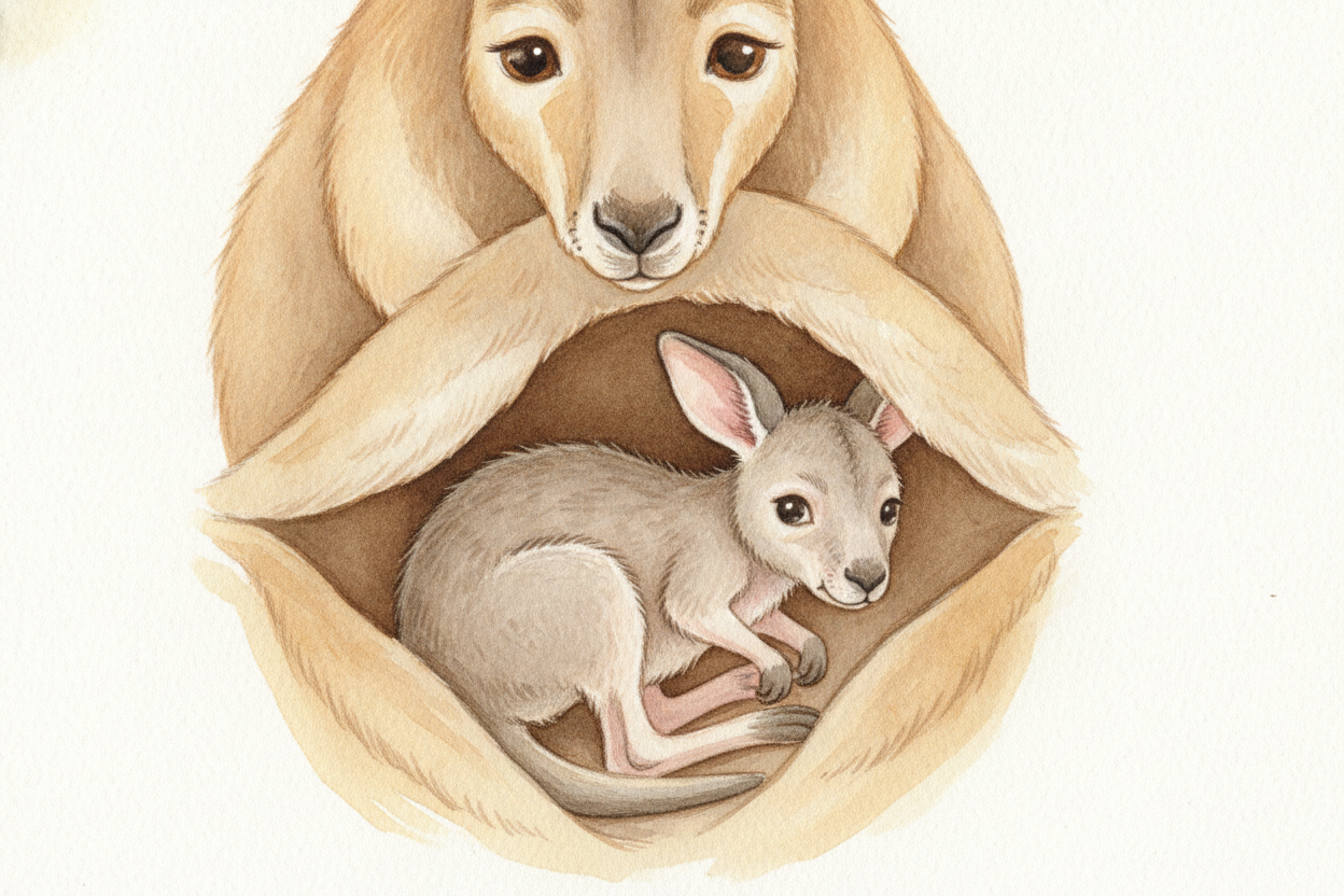~~Now the slow magic happens.~~ Inside its private nursery, the joey grows skin, then fur, then real legs and ears. Its 