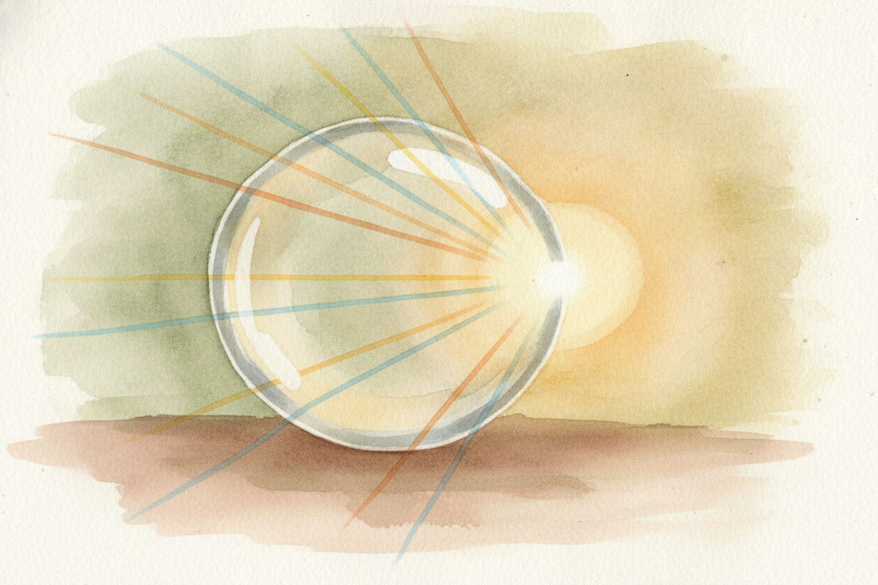Now, the shape of the glass decides which way the light bends. A lens that's **fat in the middle and thin at the edges**