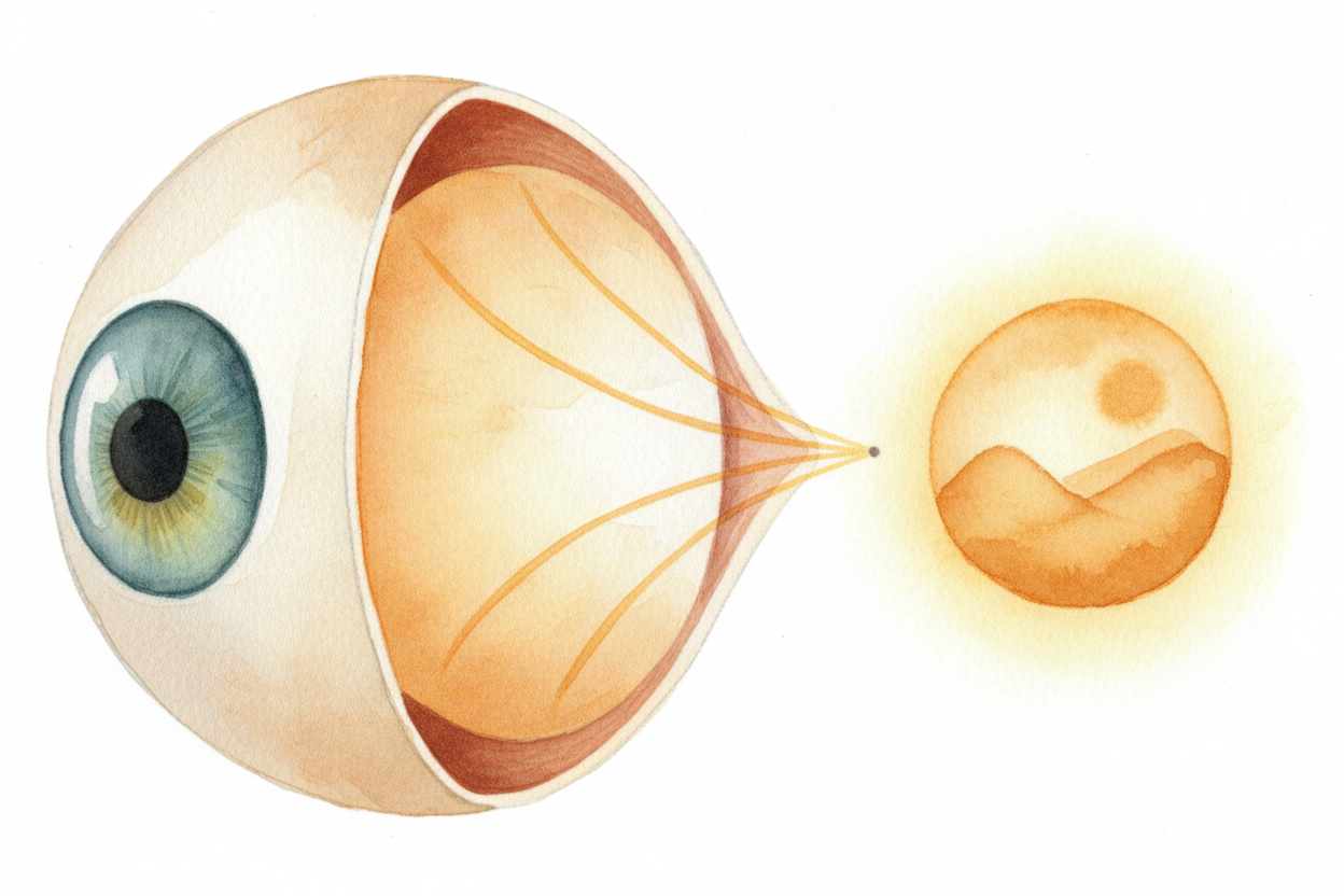Your eye is basically a **tiny living camera** with its own built-in lens up front. That lens bends incoming light and l
