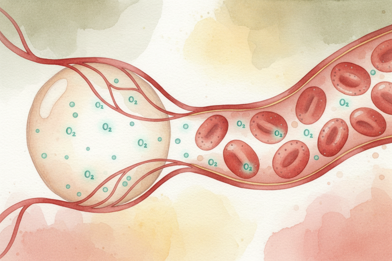 ~~Here's where the magic happens.~~ Oxygen molecules slip right through the alveolus wall, through the vessel wall, and 