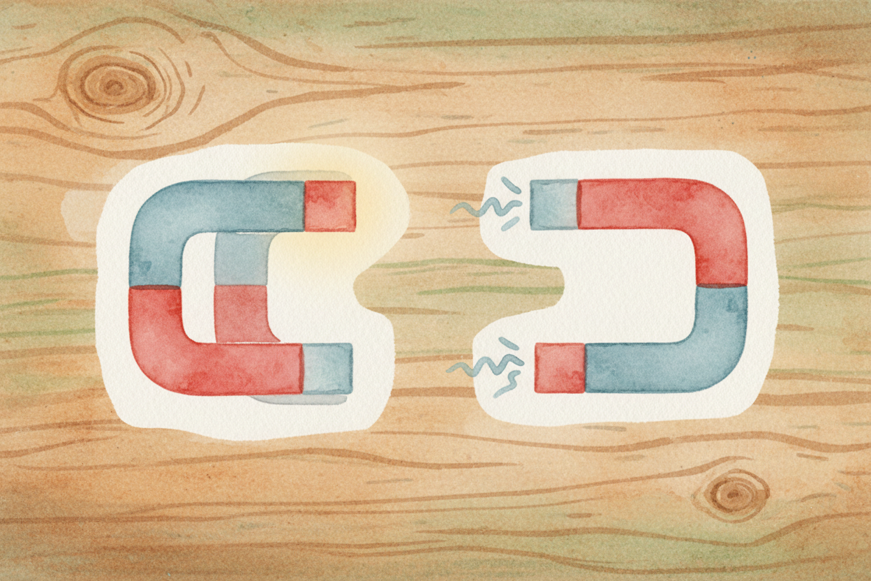 ~~Here's the rule:~~ **opposite poles attract, like poles repel**. North pulls toward south. North pushes away from nort