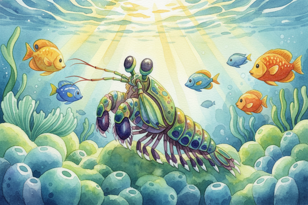You see a rainbow — ==red, orange, yellow, green, blue, violet==. Six colors, maybe a few more if you squint. A mantis s