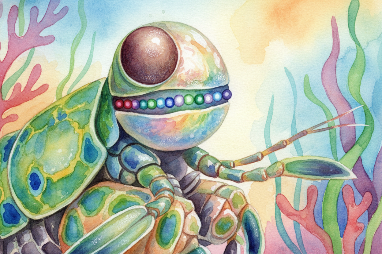 A ++mantis shrimp++ has **sixteen types of cones**. ~~Not three. Sixteen.~~ Each one is tuned to a different slice of th