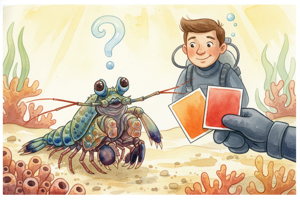 ~~Here's the weird part:~~ having **sixteen cone types** doesn't mean the shrimp mixes them into a billion shades the wa
