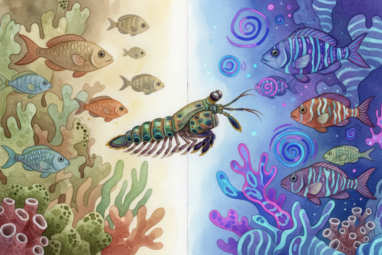 ~~That ultraviolet vision is the real superpower.~~ Lots of reef creatures have **secret patterns painted in UV** — _inv