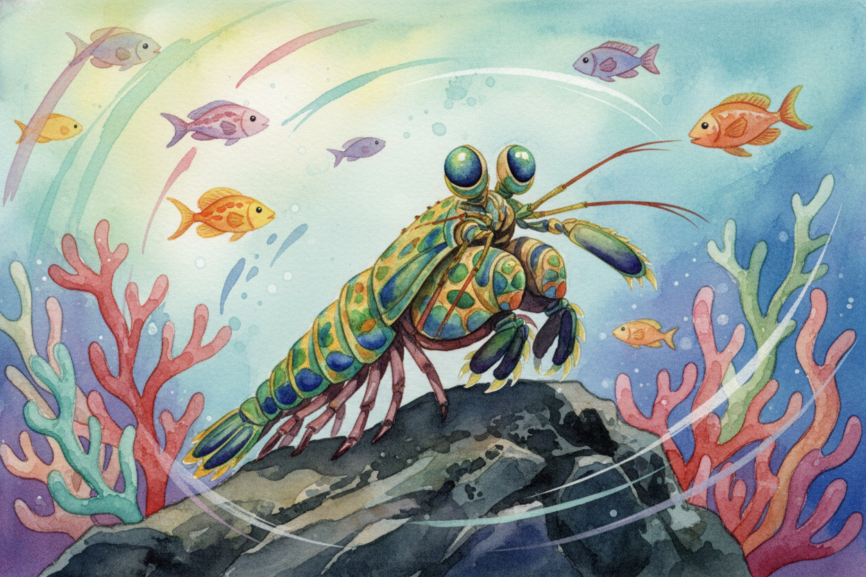 Why does a shrimp need sixteen-cone rainbow vision and secret light codes? ~~Because the reef is crowded and fast.~~ **P
