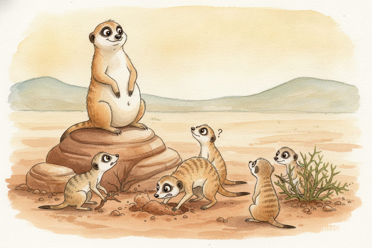 ~~Here's the secret~~ scientists discovered: a meerkat usually stands guard **AFTER it has eaten well**. *A full belly m