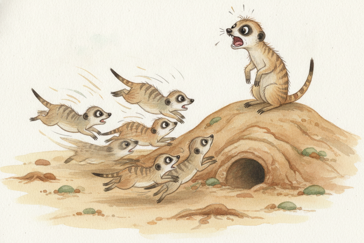But if the lookout spots danger, ~~the peeping changes in a flash~~. **A sharp, urgent bark** for a hawk in the sky. A d