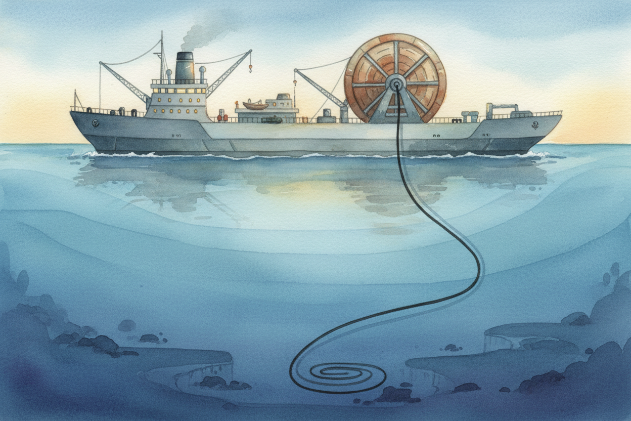 How did the cable get down there in the first place? A ship with a giant spool on its deck, like the **world's biggest f