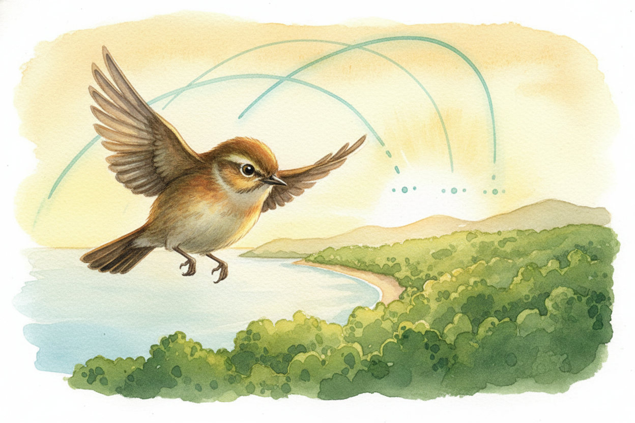 So the warbler over the ocean isn't lost. It's reading the sky with **chemistry older than mountains**, ~~an electron tr