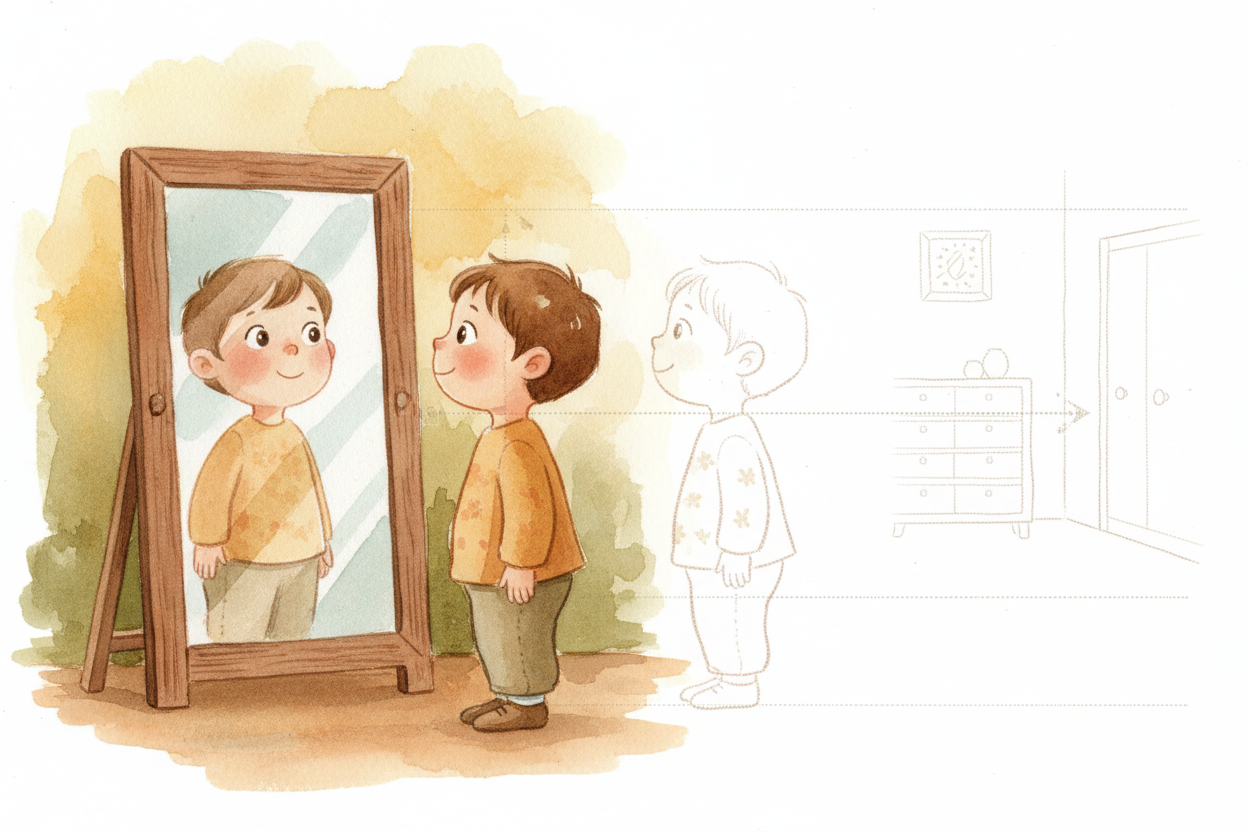 ~~Here's the weird part:~~ your reflection looks like it's *behind* the mirror, **the same distance back as you are forw