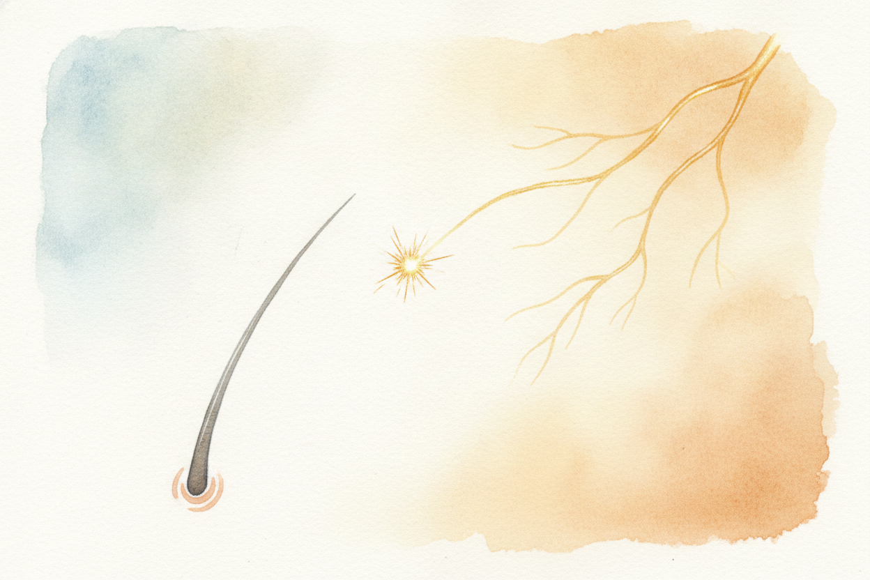 When a hair sways, ~~it does something amazing~~ — it fires off a **tiny electric spark**. That spark zips up a nerve to