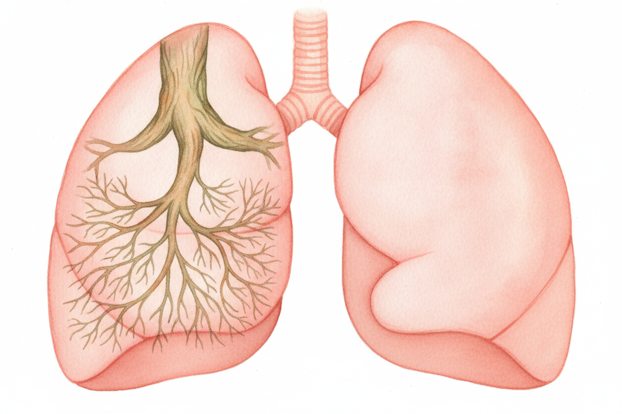 ~~But the windpipe doesn't just dead-end.~~ Near the bottom it **splits into two branches**, one for each lung. Then tho