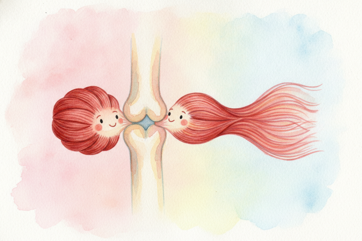 ~~But a muscle can't push.~~ **Squeezing shorter pulls things closer**, sure — but to get back, _it can't shove itself l