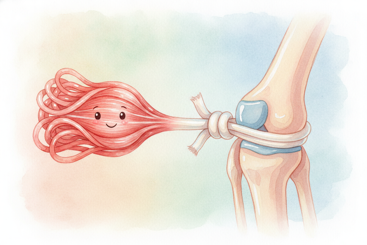 Now, muscles don't grab bone directly — ~~that would tear~~. Instead each one ends in a tough white rope called a ++tend