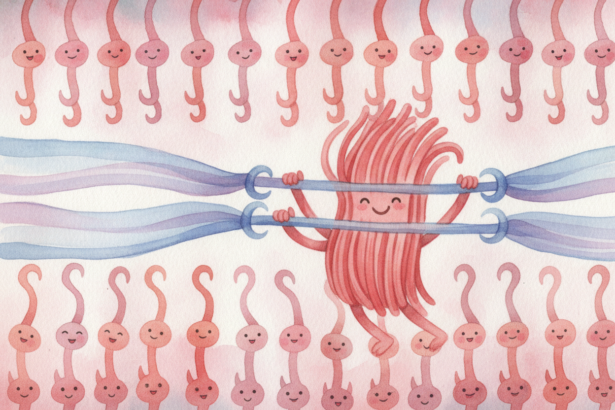 Inside the muscle, ~~the magic gets even tinier~~. The fibers are filled with rows of **microscopic hooks** that grab a 