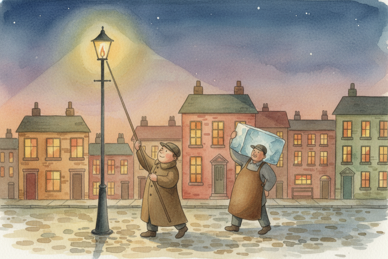 **A hundred years ago**, someone had a job lighting street lamps every evening with a long pole. Another person delivere