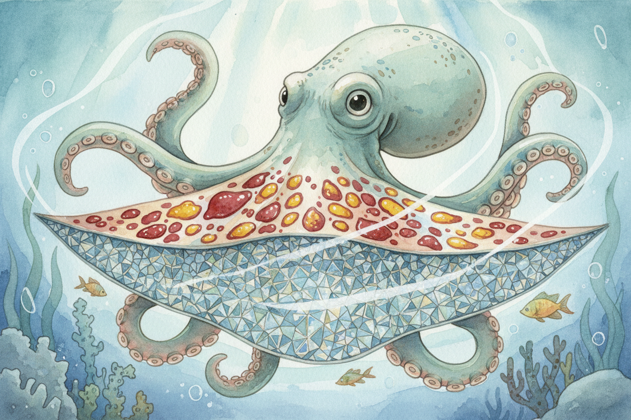 That's how the octopus gets red, orange, yellow, and brown. ~~But what about white?~~ Or **that silvery shimmer** you se