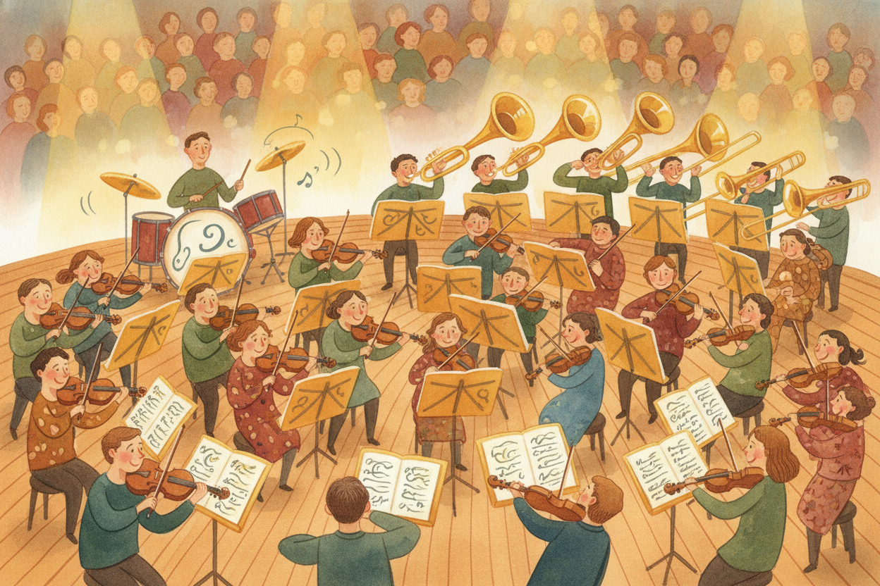 Imagine fifty musicians crammed onto one stage — violins, trumpets, drums, flutes — all holding different sheets of pape
