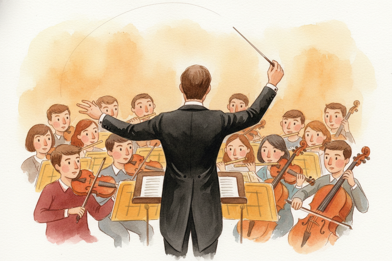 The secret starts with one person: the ++conductor++, standing front and center with a little stick called a ++baton++. 