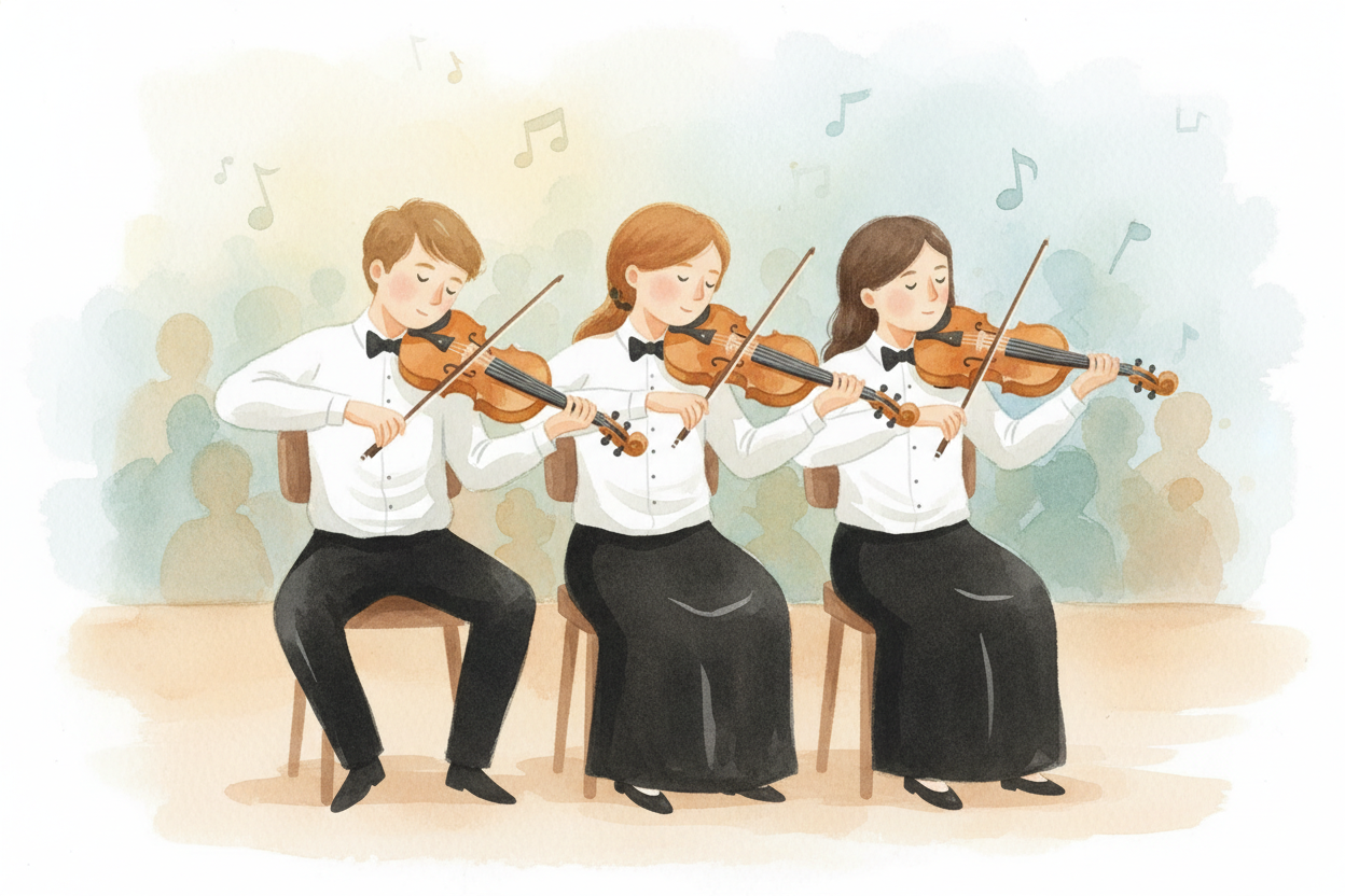 Of course, musicians also listen to each other, not just the conductor. The violins sit together in one section, the tru