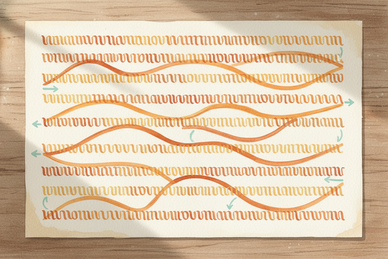 Some modern experiments go wild with this. Artists create "++boustrophedon++" text — _named after the way an ox plows a 