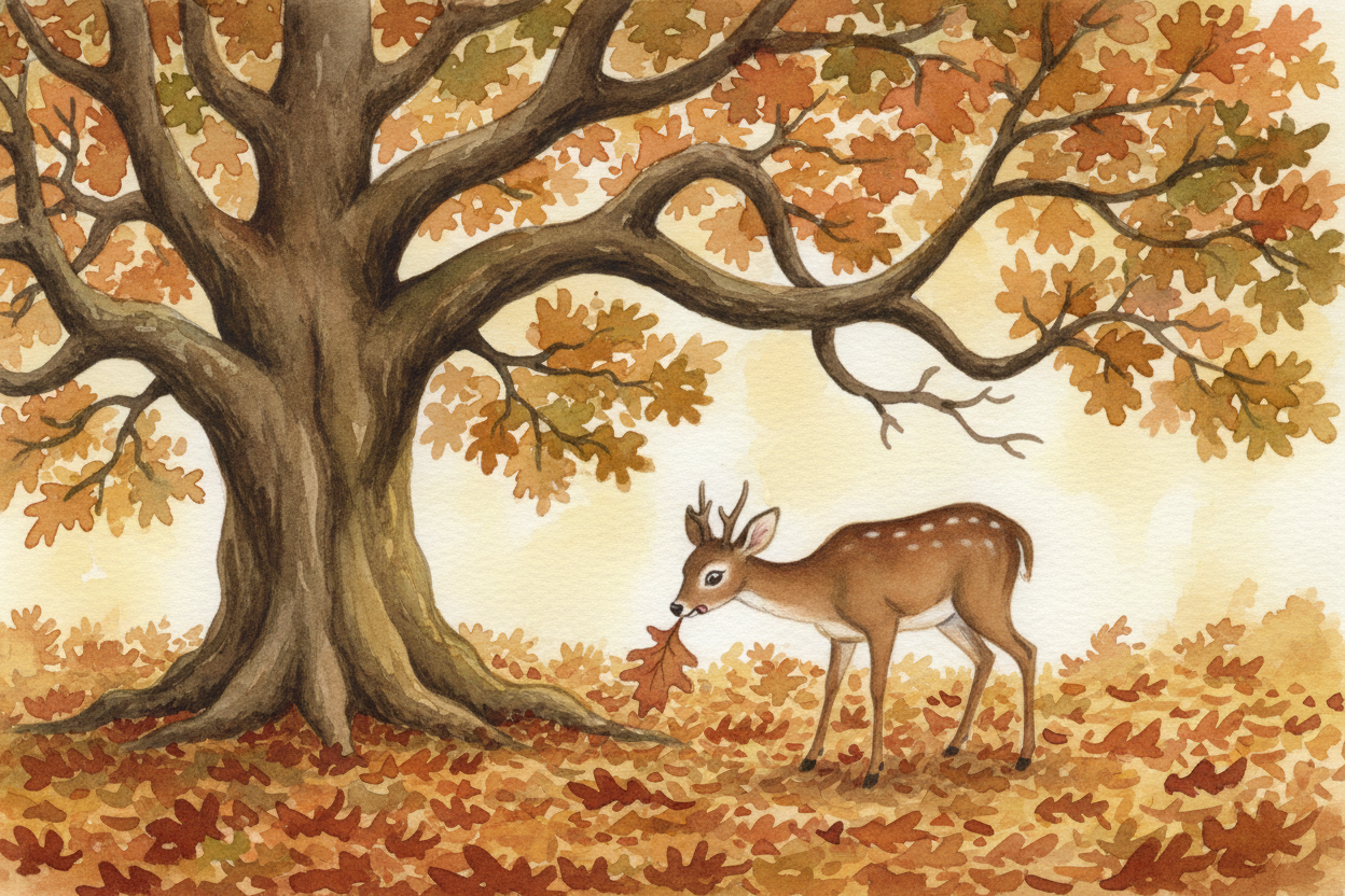 Trees like oaks and maples make ++tannins++ — bitter chemicals that bind up proteins and make leaves hard to digest. Eat